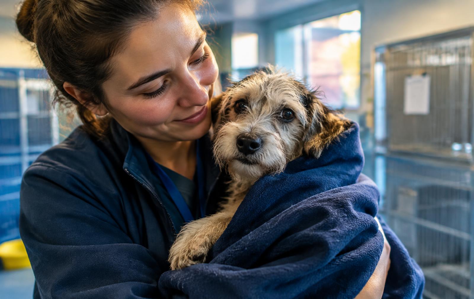 A volunteer holding a rescued dog wrapped in a blue blanket