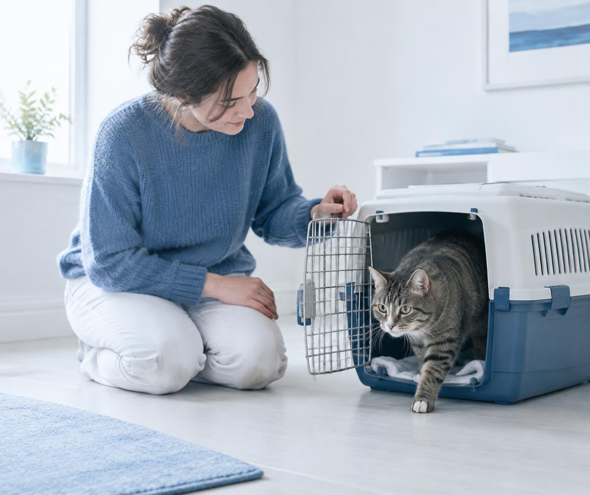 A person kneeling beside an open carrier as a cat steps out