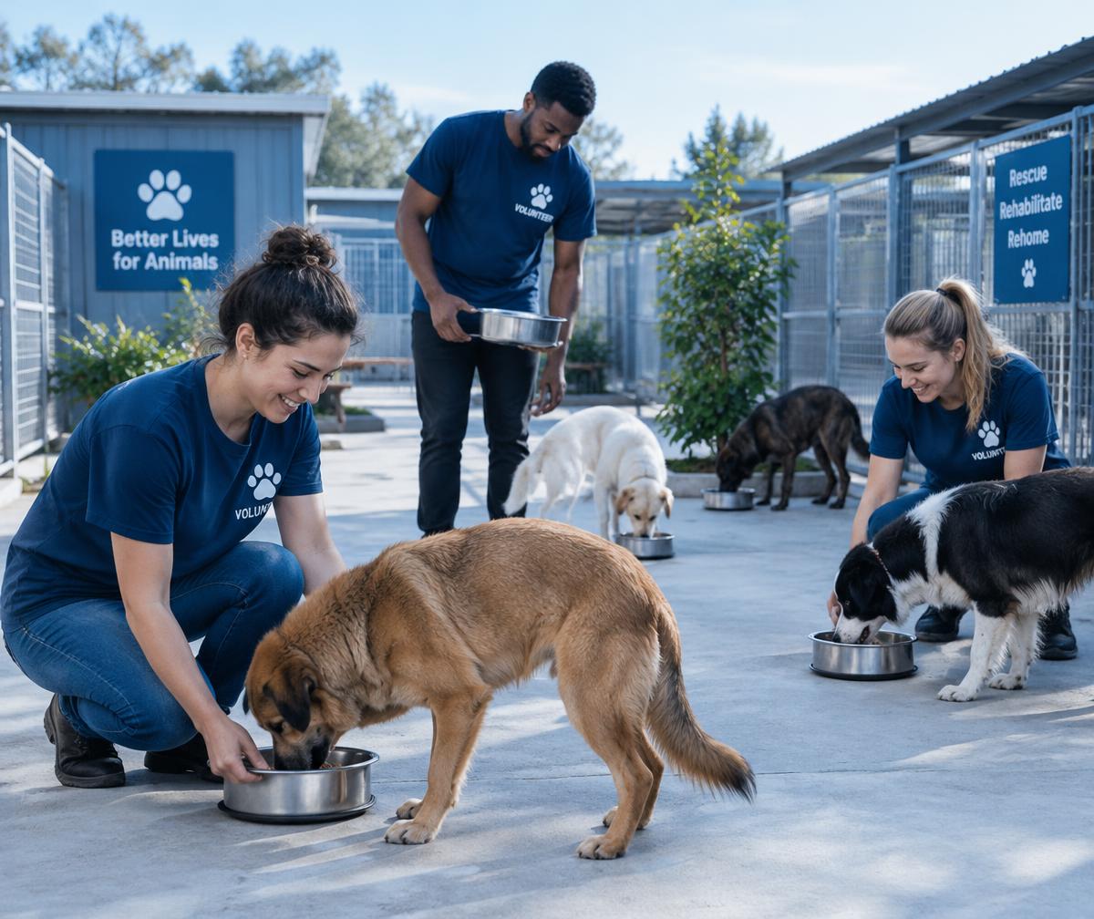 Volunteers feeding dogs at a shelter